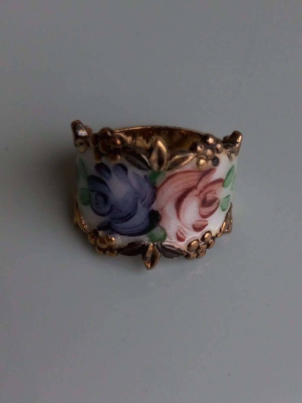 Vintage ESPO Joseph Esposito 18k HGE Gold Tone Enamel Rose Cigar Band Ring Sz 7